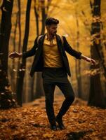 European man in emotional dynamic pose on autumn background AI Generative photo