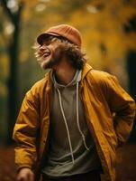 European man in emotional dynamic pose on autumn background AI Generative photo