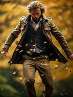 European man in emotional dynamic pose on autumn background AI Generative photo
