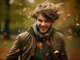 European man in emotional dynamic pose on autumn background AI Generative photo