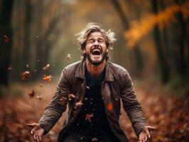 European man in emotional dynamic pose on autumn background AI Generative photo