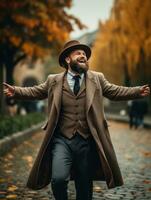 europeo hombre en emocional dinámica actitud en otoño antecedentes ai generativo foto