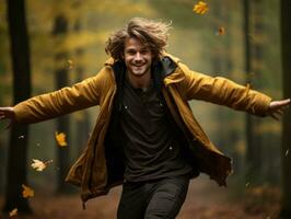 European man in emotional dynamic pose on autumn background AI Generative photo