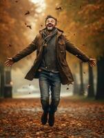 European man in emotional dynamic pose on autumn background AI Generative photo