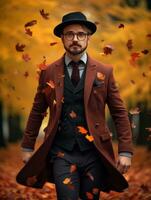 European man in emotional dynamic pose on autumn background AI Generative photo