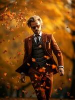 European man in emotional dynamic pose on autumn background AI Generative photo