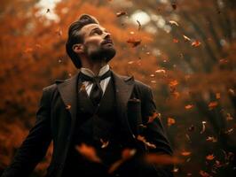 European man in emotional dynamic pose on autumn background AI Generative photo