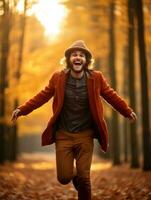 European man in emotional dynamic pose on autumn background AI Generative photo