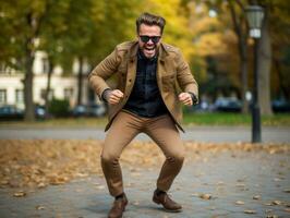 europeo hombre en emocional dinámica actitud en otoño antecedentes ai generativo foto