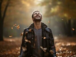 European man in emotional dynamic pose on autumn background AI Generative photo