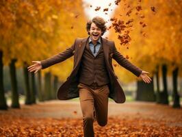 European man in emotional dynamic pose on autumn background AI Generative photo