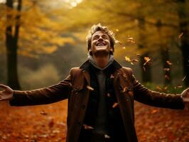 European man in emotional dynamic pose on autumn background AI Generative photo