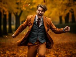 European man in emotional dynamic pose on autumn background AI Generative photo