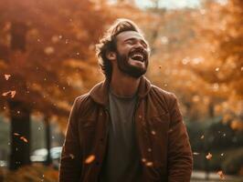 europeo hombre en emocional dinámica actitud en otoño antecedentes ai generativo foto