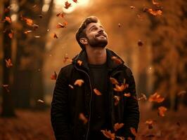 European man in emotional dynamic pose on autumn background AI Generative photo