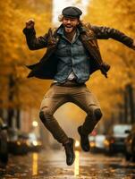 European man in emotional dynamic pose on autumn background AI Generative photo