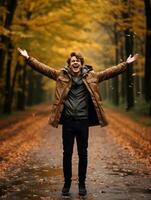 European man in emotional dynamic pose on autumn background AI Generative photo