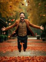 European man in emotional dynamic pose on autumn background AI Generative photo