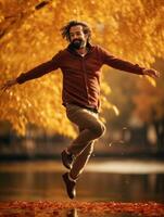 europeo hombre en emocional dinámica actitud en otoño antecedentes ai generativo foto