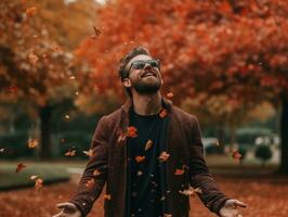 European man in emotional dynamic pose on autumn background AI Generative photo