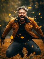 European man in emotional dynamic pose on autumn background AI Generative photo