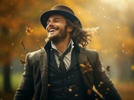 European man in emotional dynamic pose on autumn background AI Generative photo