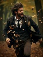 European man in emotional dynamic pose on autumn background AI Generative photo