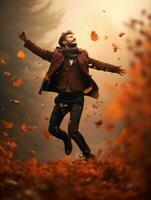 European man in emotional dynamic pose on autumn background AI Generative photo