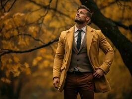 European man in emotional dynamic pose on autumn background AI Generative photo