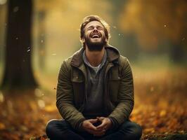 European man in emotional dynamic pose on autumn background AI Generative photo