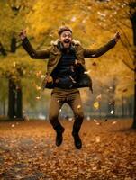 europeo hombre en emocional dinámica actitud en otoño antecedentes ai generativo foto