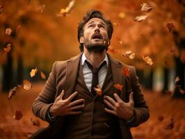 European man in emotional dynamic pose on autumn background AI Generative photo