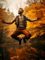 European man in emotional dynamic pose on autumn background AI Generative photo