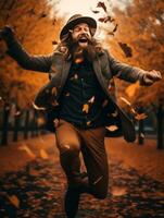 European man in emotional dynamic pose on autumn background AI Generative photo