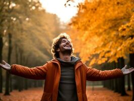 European man in emotional dynamic pose on autumn background AI Generative photo