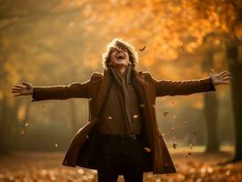 European man in emotional dynamic pose on autumn background AI Generative photo