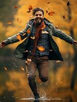 European man in emotional dynamic pose on autumn background AI Generative photo