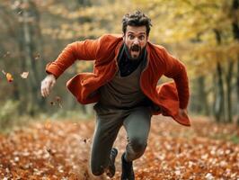 European man in emotional dynamic pose on autumn background AI Generative photo