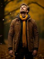 European man in emotional dynamic pose on autumn background AI Generative photo