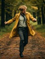 European man in emotional dynamic pose on autumn background AI Generative photo