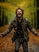 European man in emotional dynamic pose on autumn background AI Generative photo