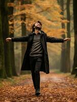 European man in emotional dynamic pose on autumn background AI Generative photo