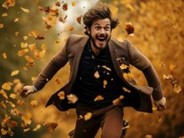 European man in emotional dynamic pose on autumn background AI Generative photo