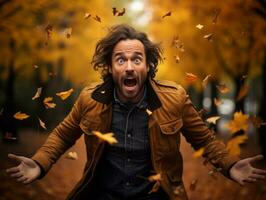 European man in emotional dynamic pose on autumn background AI Generative photo