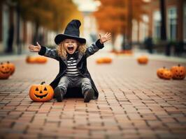 Kid in a Halloween costume with a playful pose AI Generative photo
