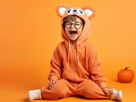 niño en un Víspera de Todos los Santos disfraz con un juguetón actitud ai generativo foto