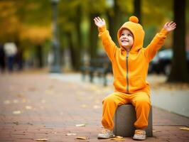 niño en un Víspera de Todos los Santos disfraz con un juguetón actitud ai generativo foto