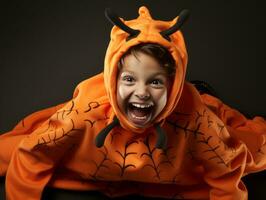 Kid in a Halloween costume with a playful pose AI Generative photo