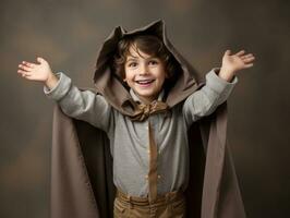 niño en un Víspera de Todos los Santos disfraz con un juguetón actitud ai generativo foto