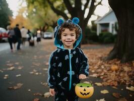 niño en un Víspera de Todos los Santos disfraz con un juguetón actitud ai generativo foto